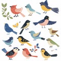 Assortment colorful cartoon birds various species foliage. Collection cute flat style songbirds