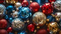 Assortment of Colorful Christmas Baubles on Festive Backdrop. Generative ai