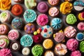 an assortment of colorful and creative cupcakes in various shapes, sizes, and designs