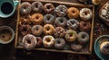 Assortment of colorful donuts of different flavours in a wooden box.