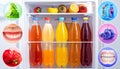 Assortment of colorful drinks and fresh produce inside an open refrigerator Keywords: refrigerator, open, shelf Royalty Free Stock Photo