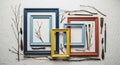 Assortment of colorful empty picture frames with dried branches Royalty Free Stock Photo