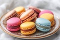 Assortment of colorful macarons arranged on a small plate, creating a vibrant and tempting display Royalty Free Stock Photo
