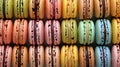 Assortment of colorful macarons in a row