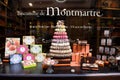 Assortment of colorful macaroons on cafe showcase, Paris, Montmartre