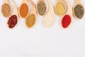Assortment colorful powdered spices in bamboo spoons as decorative border.