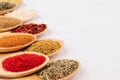 Assortment colorful powdered spices in bamboo spoons, copy space, closeup. Royalty Free Stock Photo