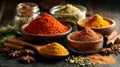 Assortment of Colorful Spices Displayed in Bowls and Spoon on Rustic Surface Royalty Free Stock Photo