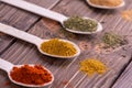 Set spices in measuring spoon. Cooking and seasoning for taste. Royalty Free Stock Photo