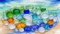 Assortment of colorful translucent glass gems and cabochons scattered on light surface with icy background texture Royalty Free Stock Photo