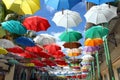 Assortment of colorful umbrellas overhead