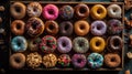 Assortment of colourful donuts of different flavours in a wooden box.