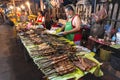 An assortment of cooked Lao food sold from stalls at the popular evening food market in Luang Prabang Laos