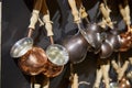 Assortment of copper cezve for making Turkish coffee Royalty Free Stock Photo