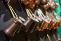 Assortment of copper cezve for making Turkish coffee Royalty Free Stock Photo