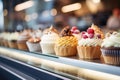 Assortment of creamy cupcakes on the counter of a candy store