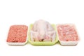 Assortment of crude meat in trays isolated