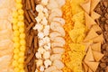 Assortment crunchy snacks - popcorn, nachos, croutons, corn sticks, potato chips as decorative background, top view, closeup. Royalty Free Stock Photo