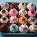 an assortment of cupcakes in a blue box