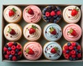 an assortment of cupcakes in a box