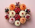 an assortment of cupcakes on a pink background