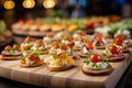 Assortment of delicious canapes on wooden board. Festive banquet service, catering food or buffet. Generative AI