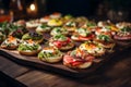 Assortment of delicious canapes on wooden board. Festive banquet service, catering food or buffet. Generative AI