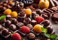 Assortment of delicious chocolate candies with fruit and nuts, closeup Royalty Free Stock Photo