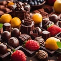 Assortment of delicious chocolate candies with fruit and nuts, closeup Royalty Free Stock Photo