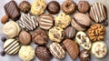 Assortment of delicious chocolates on wooden background, top view Royalty Free Stock Photo