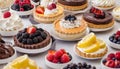 Assortment of delicious and colorful dessert, chocolate cakes, mixed berry tarts Royalty Free Stock Photo