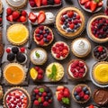 Assortment of delicious and colorful dessert, chocolate cakes, mixed berry tarts Royalty Free Stock Photo