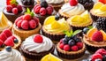 Assortment of delicious and colorful dessert, chocolate cakes, mixed berry tarts. Lemon Meringue Royalty Free Stock Photo