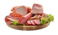 Assortment of delicious deli meats on wooden board, isolated on white Royalty Free Stock Photo