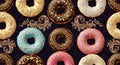 Assortment of Delicious Glazed Donuts with Ornate Background Royalty Free Stock Photo