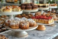 bakery display, an assortment of delicious pastries and cakes displayed elegantly on a marble table in a charming self