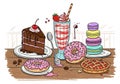 Macarons, a woven-crust pie, and a strawberry milkshake with Royalty Free Stock Photo
