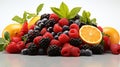 Assortment of different berries and fruits, flat lay, top view, apple, strawberry, pomegranate, mango, avocado, orange, lemon, Royalty Free Stock Photo