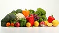 Assortment of different berries and fruits, flat lay, top view, apple, strawberry, pomegranate, mango, avocado, orange, lemon, Royalty Free Stock Photo