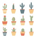 Assortment of different cacti in colorful pots. Cute houseplants in a flat style. Desert flora in interior decor vector