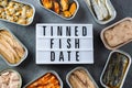 Assortment of Tinned fish, canned food ready for date night Royalty Free Stock Photo