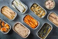 Assortment of Tinned fish, canned food ready for date night Royalty Free Stock Photo