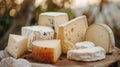 Various types of cheese on wooden platter