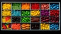 An assortment of different colored chewy candies in square trays