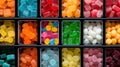 An assortment of different colored chewy candies in square trays