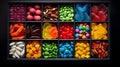 An assortment of different colored chewy candies in square trays