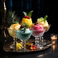 Assortment of different flavor Italian ice cream in glass bowl garnished with mint on the tray.