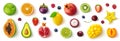 Assortment of different fruits and berries, flat lay, top view Royalty Free Stock Photo