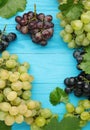 Assortment of different grapes on blue wooden background. Vertical photo. Frame, space for text Royalty Free Stock Photo