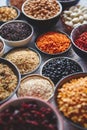 Assortment of different kinds organic natural foods and superfoods Royalty Free Stock Photo